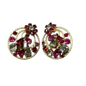 Vintage Earrings Signed Vendome  Clip On Flower Red Pink Rhinestones Gold Tone